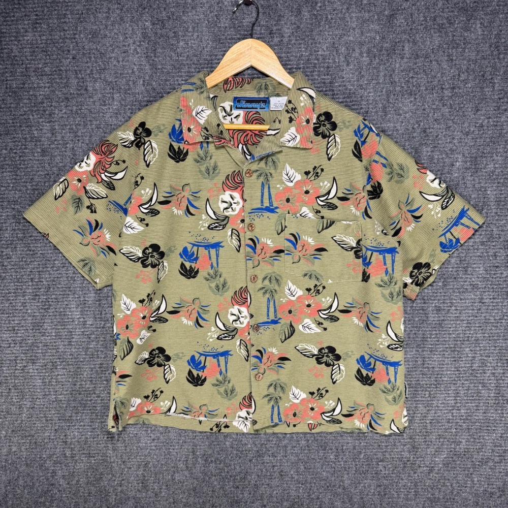 Vintage Jimmy'z Mens Medium Olive Corduroy Tropical Floral Surf Camp Shirt